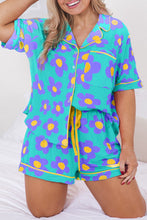 Load image into Gallery viewer, Sky Blue Cute Flower Print Contrast Trim Plus Size Short PJ Set
