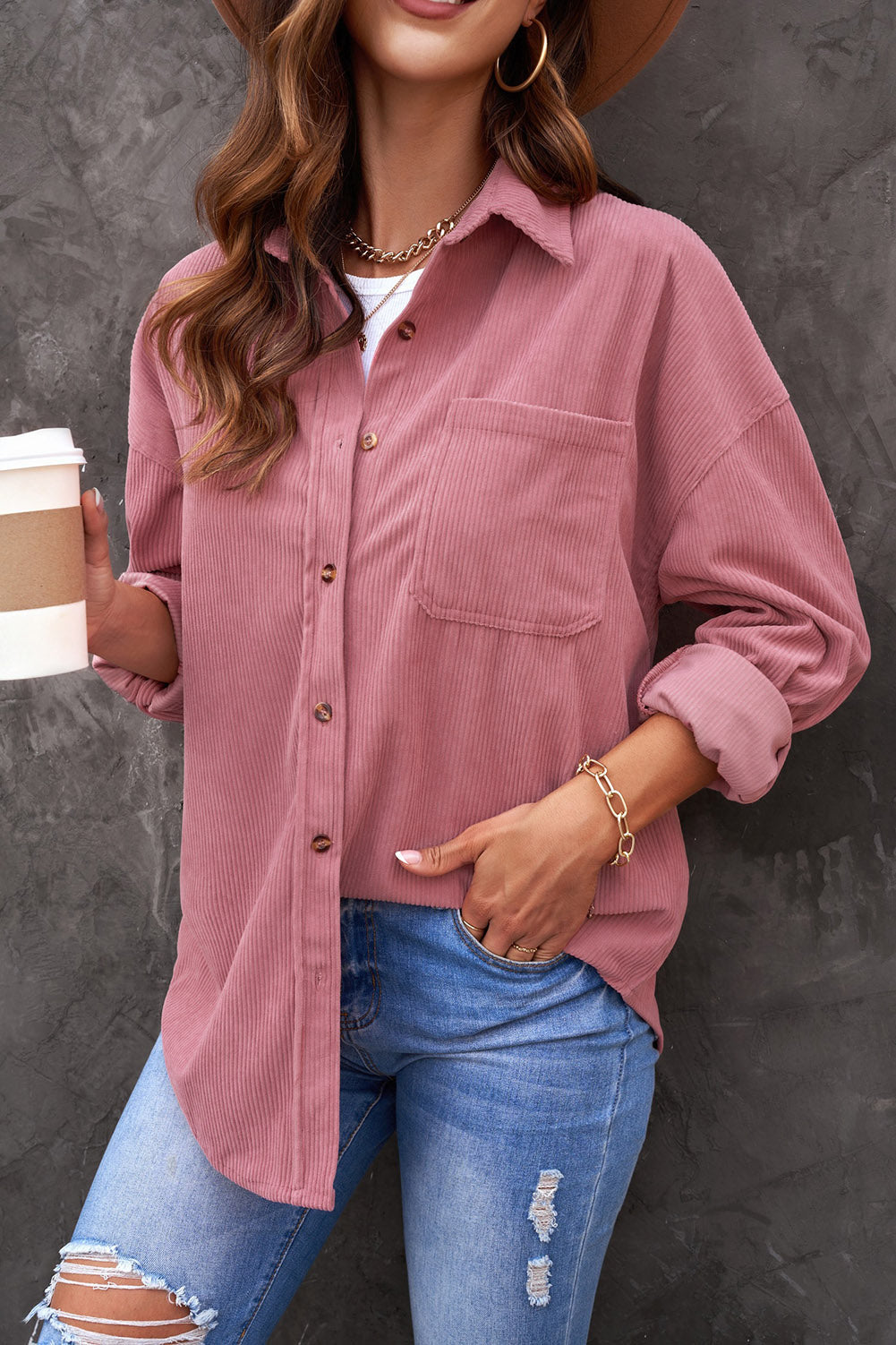 Brown Corduroy Button Pocket Shirt