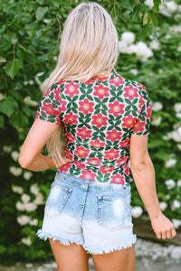 Fiery Red Retro Floral Print Crew Neck T Shirt