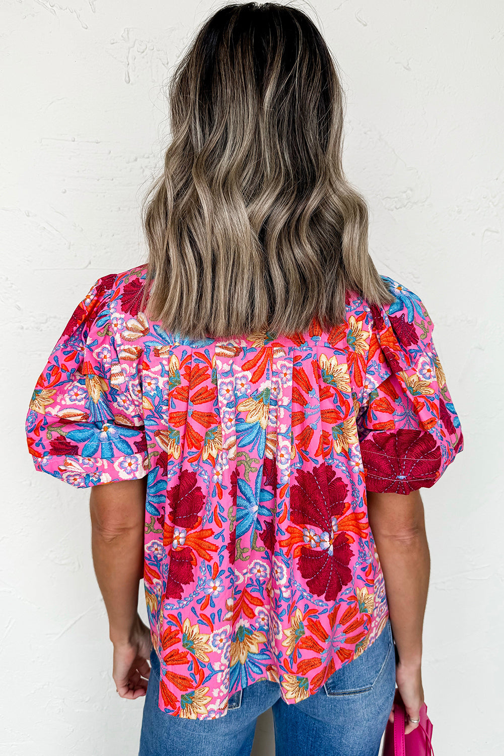 Pink Floral Print Bubble Sleeve Button Up Pleated Shirt