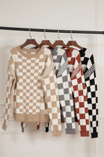 Load image into Gallery viewer, Khaki Checkered Print Drop Shoulder Round Neck Sweater
