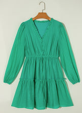 Load image into Gallery viewer, Sea Green Frilly V Neck Puff Sleeve Drawstring Shift Mini Dress
