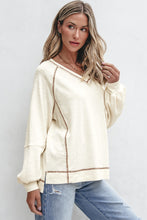 Load image into Gallery viewer, Beige Exposed Seam Textured Knit V Neck Pullover Top
