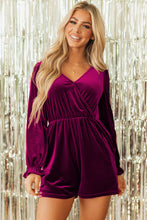 Load image into Gallery viewer, Red Dahlia Velvet Surplice Neck Ruffled Sleeve High Waist Romper
