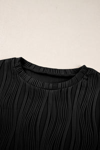 Black Textured Wavy Round Neck Long Sleeve Top