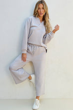 Load image into Gallery viewer, Light Grey Solid Textured Collared V Neck Top and Wide Leg Pants Set
