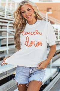 White Touchdown Tinsel Puff Short Sleeve Crew Neck Sweater