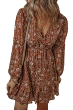 Load image into Gallery viewer, Brown Boho Floral Ruffled Puff Sleeve V Neck Mini Dress
