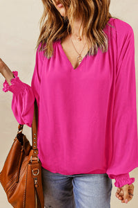 Green Pleated V Neck Puffy Sleeve Blouse