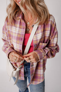 Pink Plaid Print Chest Pocket Long Sleeve Shacket