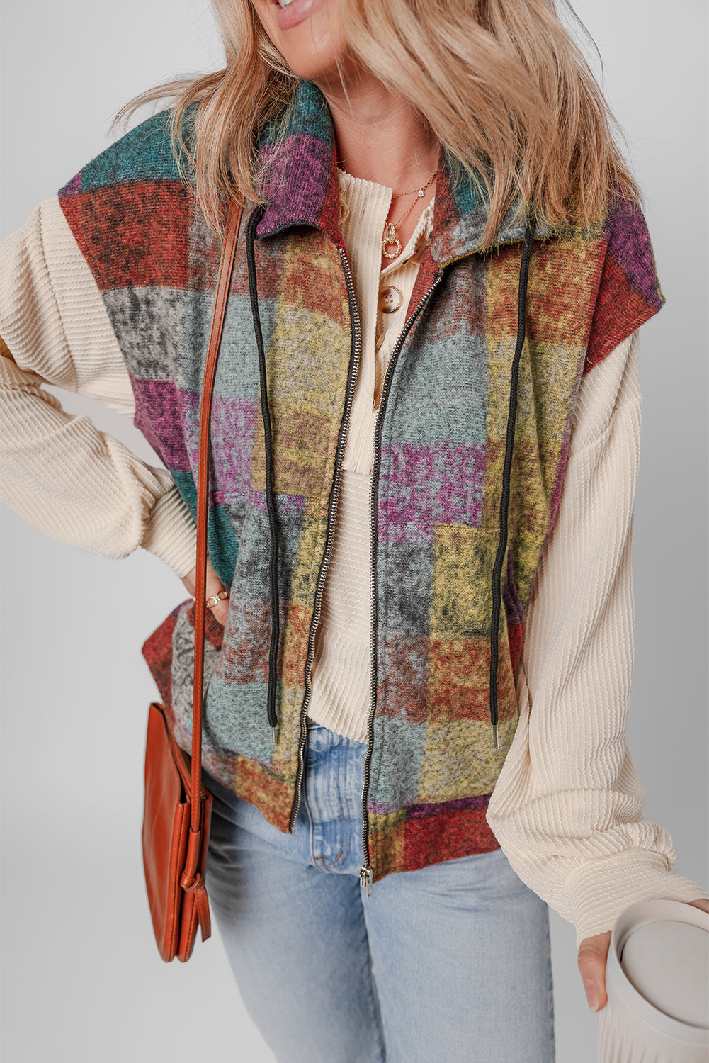 Multicolor Plaid Print Side Pockets Zipped Loose Vest