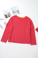 Load image into Gallery viewer, Tomato Red Two Tone Striped Side Buttons Drop Shoulder Top
