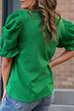 Load image into Gallery viewer, Dark Green Textured Ruffled Short Puff Sleeve Top
