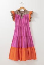 Load image into Gallery viewer, Bonbon Color Block Tiered Notched Neck Ruffle Sleeve Dress
