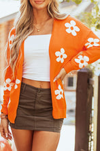 Load image into Gallery viewer, Orange Floral Print Knitted Open Front Loose Cardigan
