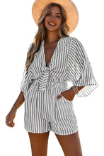 Load image into Gallery viewer, Gray 3/4 Wide Kimono Sleeves Tie Front Striped Romper with Pockets
