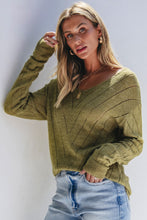 Load image into Gallery viewer, Sage Green Solid Eyelet Drop Shoulder V Neck Sweater
