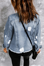 Load image into Gallery viewer, Sky Blue Lapel Distressed Raw Hem Buttons Denim Jacket
