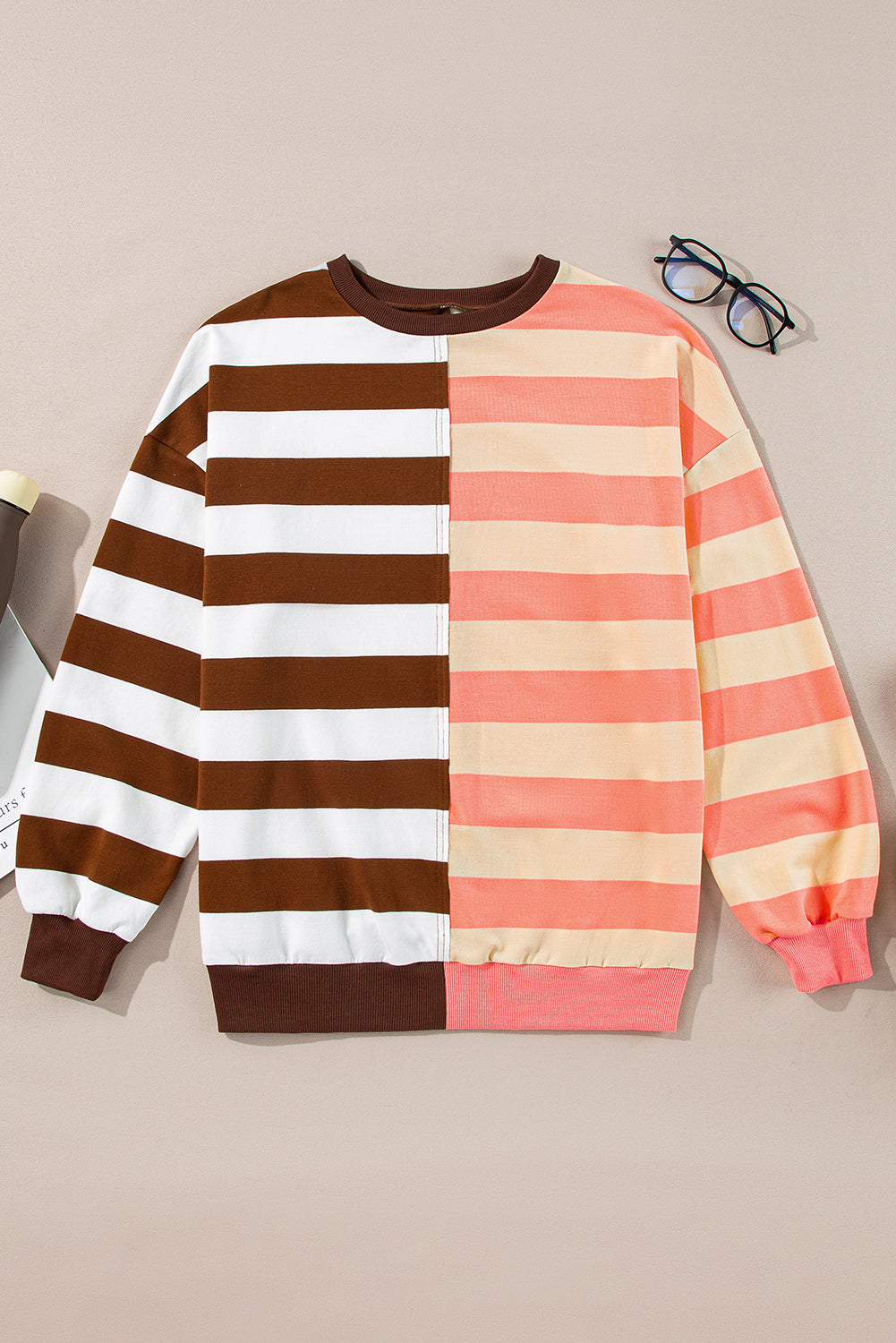 Brown Stripe Color Block Drop Shoulder Pullover Sweatshirt