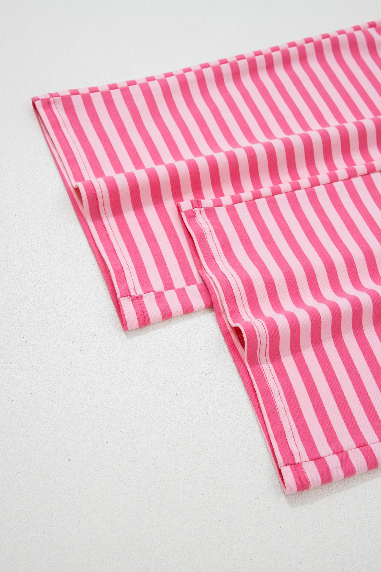 Pink Stripe Drop Shoulder Round Neck Top and Buttoned Straight Pants Two Piece Set