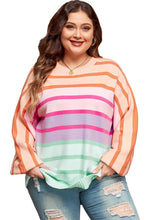 Load image into Gallery viewer, Pink Stripe Color Block Balloon Sleeve Crewneck Plus Size Sweater
