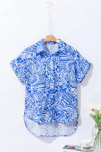 Blue Abstract Print Short Sleeve Casual Shirt