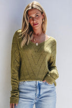 Load image into Gallery viewer, Sage Green Solid Eyelet Drop Shoulder V Neck Sweater
