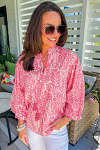 Load image into Gallery viewer, Pink Plus Size Floral Print Frilled Neck Puff Sleeve Top
