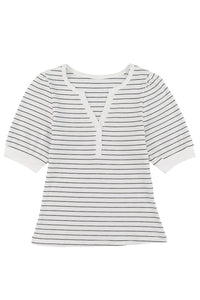 White Striped Print Notch V Neck Short Sleeve Top