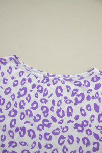 Purple Leopard Print Boat Neck Drop Shoulder Waffle Knit Plus Size Top