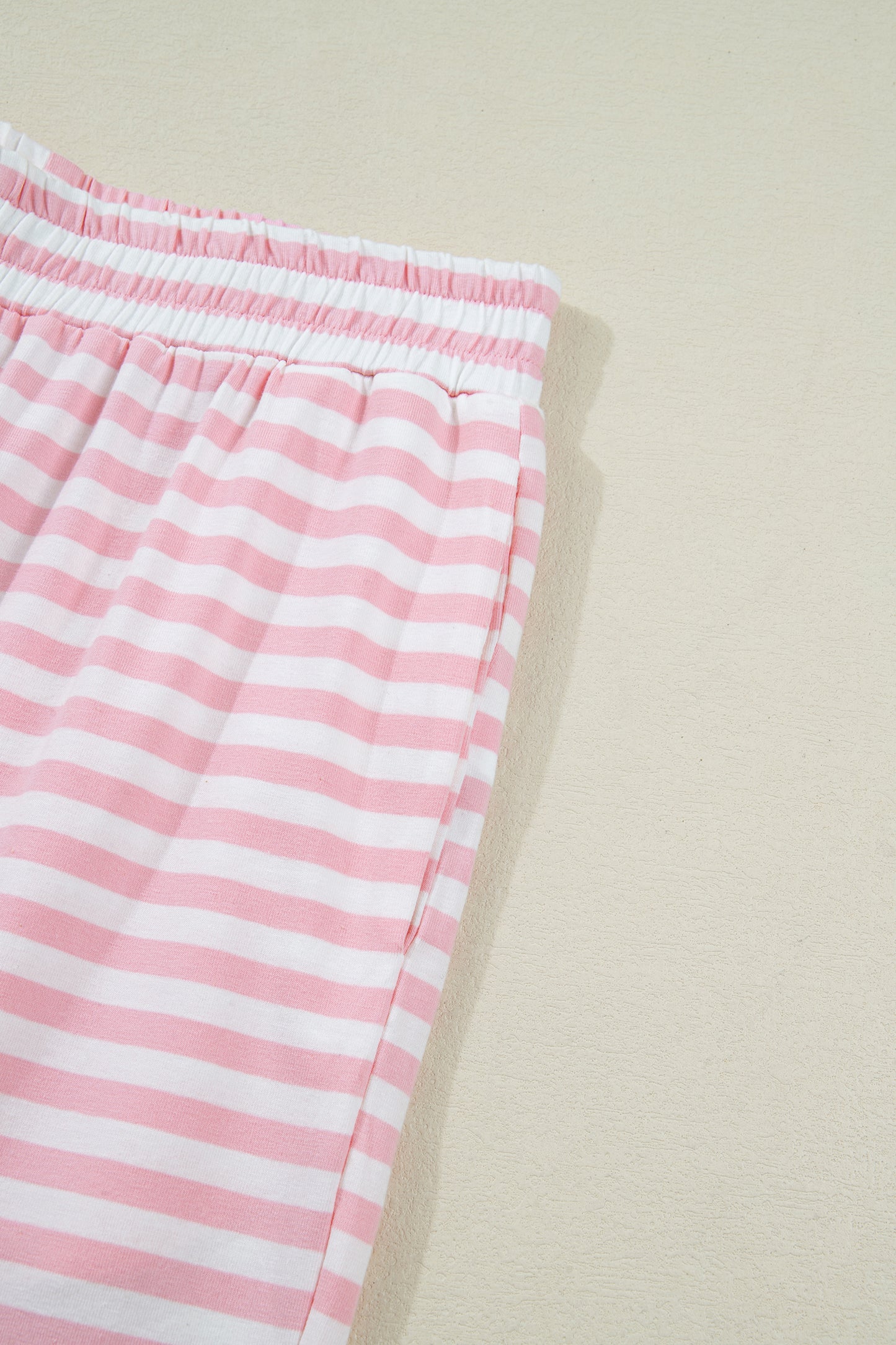 Pink Stripe Drop Shoulder Round Neck Top and Buttoned Straight Pants Two Piece Set