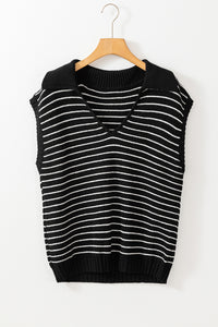 Black Stripe Turn-down V Neck Sweater Tank Top