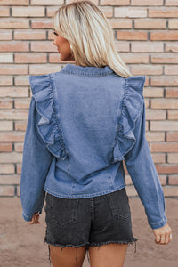 Dusk Blue Denim Ruffled Casual Top