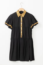 Load image into Gallery viewer, Black Sequin Trim Bubble Sleeve Game Day Shirt Dress
