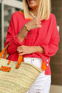 Tomato Red Two Tone Striped Side Buttons Drop Shoulder Top