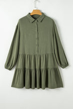 Load image into Gallery viewer, Jungle Green Puff Sleeve Buttoned Tiered Pleated Shirt Mini Dress
