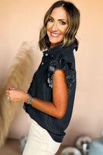 Load image into Gallery viewer, Beau Blue Button Front Ruffled Flutter Frayed Denim Top
