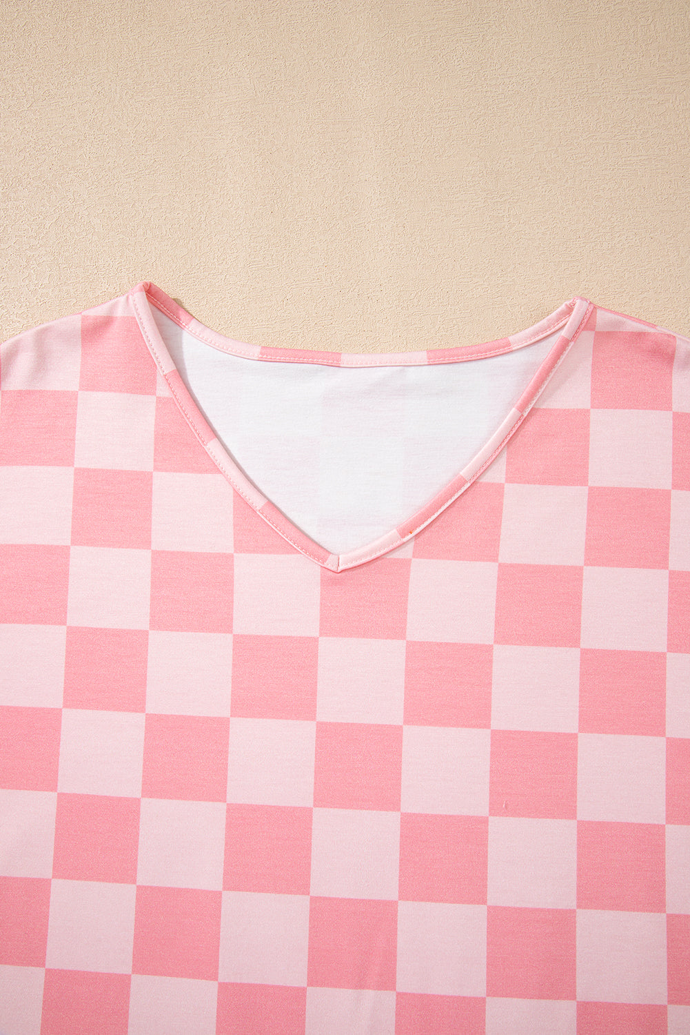Pink Checkered V Neck Tee Drawstring Shorts Lounge Set