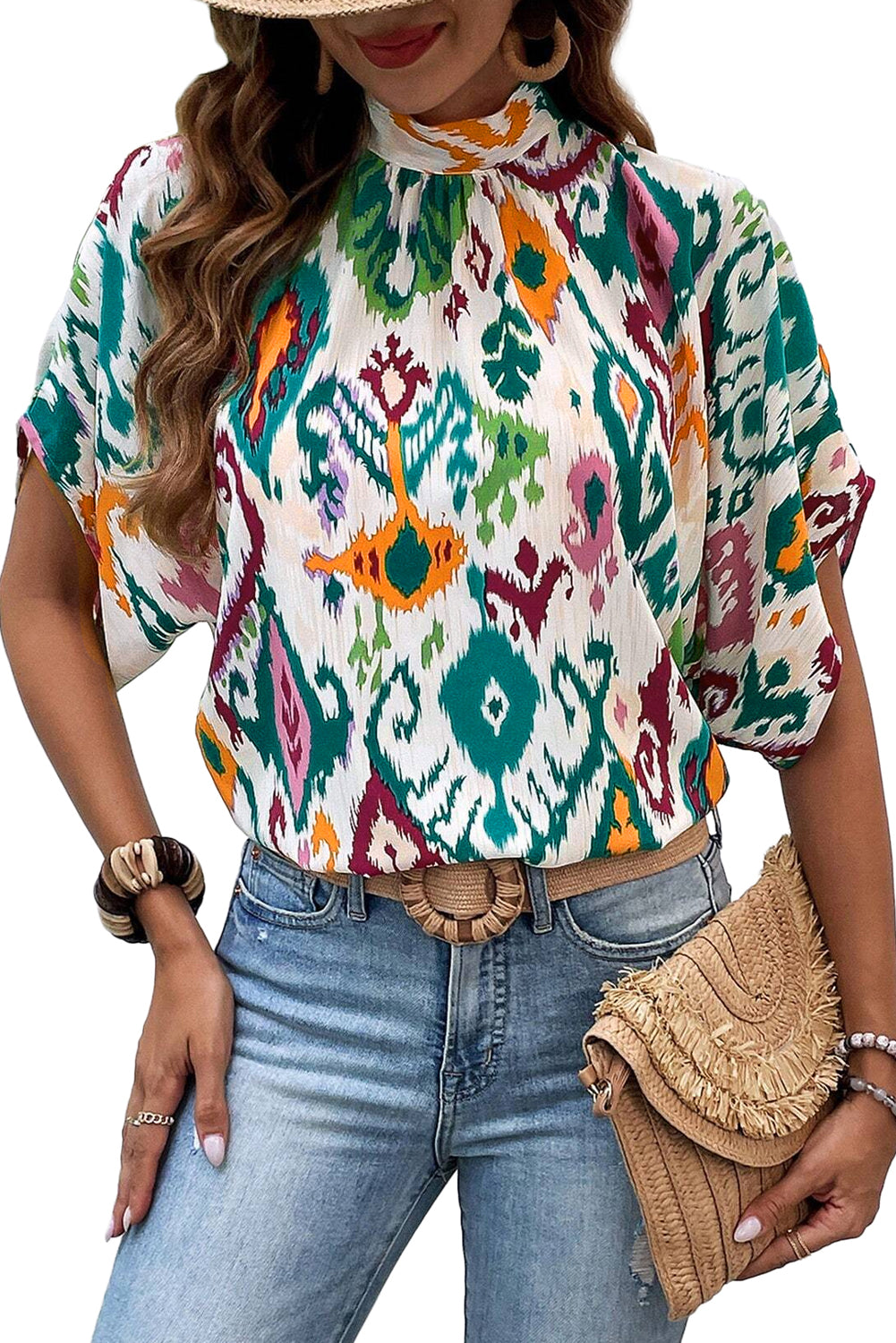 Multicolour Western Print High Neck Bat Sleeve Blouse