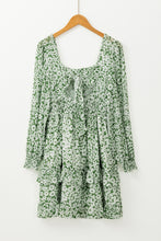 Load image into Gallery viewer, Green Floral Print Square Neck Shirred Waist Tiered Ruffled Mini Dress
