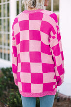 Load image into Gallery viewer, Rose Red Checkered Printed Ribbed Trim Open Front Cardigan
