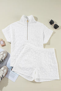 White Leopard Jacquard Quarter Zip Tee and Shorts Set