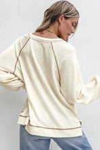 Load image into Gallery viewer, Beige Exposed Seam Textured Knit V Neck Pullover Top
