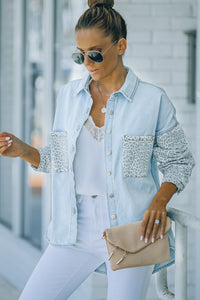 Black Contrast Leopard Denim Jacket