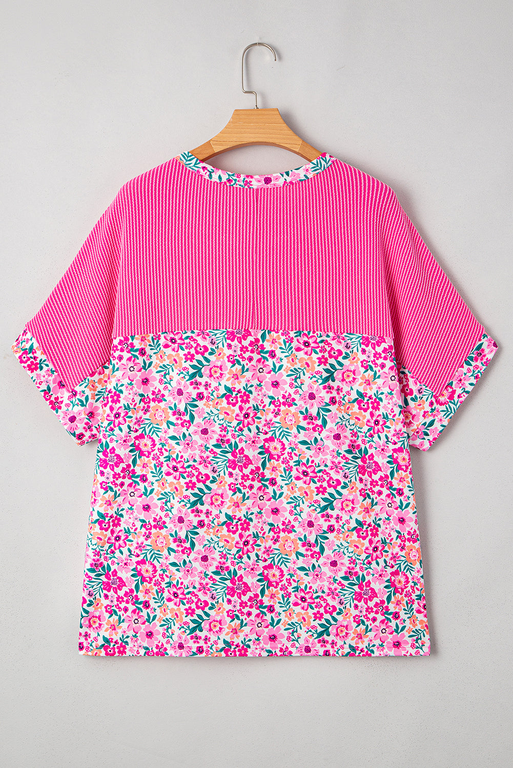 Pink Plus Size Floral Print Corded Patchwork Loose Top
