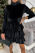 Load image into Gallery viewer, Black Velvet High Neck Tiered Ruffle Mini Dress
