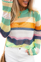 Load image into Gallery viewer, Green Colorblock Patchwork Knit Crochet Eyelet Sweater
