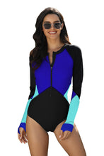 Load image into Gallery viewer, Green  Color Block Zipper Long Sleeve Rash Guard Swimwear
