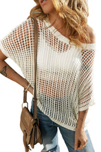 Load image into Gallery viewer, Apricot Fishnet Knit Ribbed Round Neck Short Sleeve Sweater Tee
