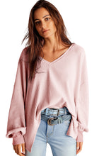 Load image into Gallery viewer, Light Pink Waffle V Neck Long Sleeve Drop Shoulder Loose Blouse
